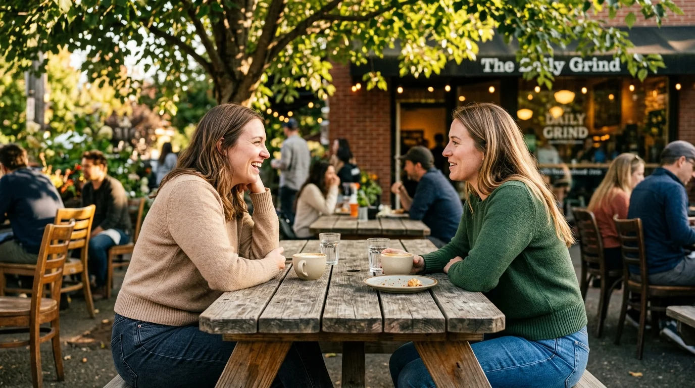 Two women sitting opposite each other at a wooden picnic table outside a coffee shop, talking and smiling over drinks.