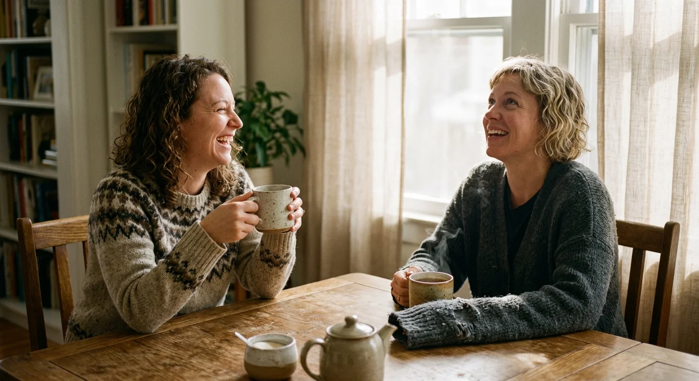 Two smiling women sitting at a wooden table holding mugs and conversing over hot tea near a bright window.