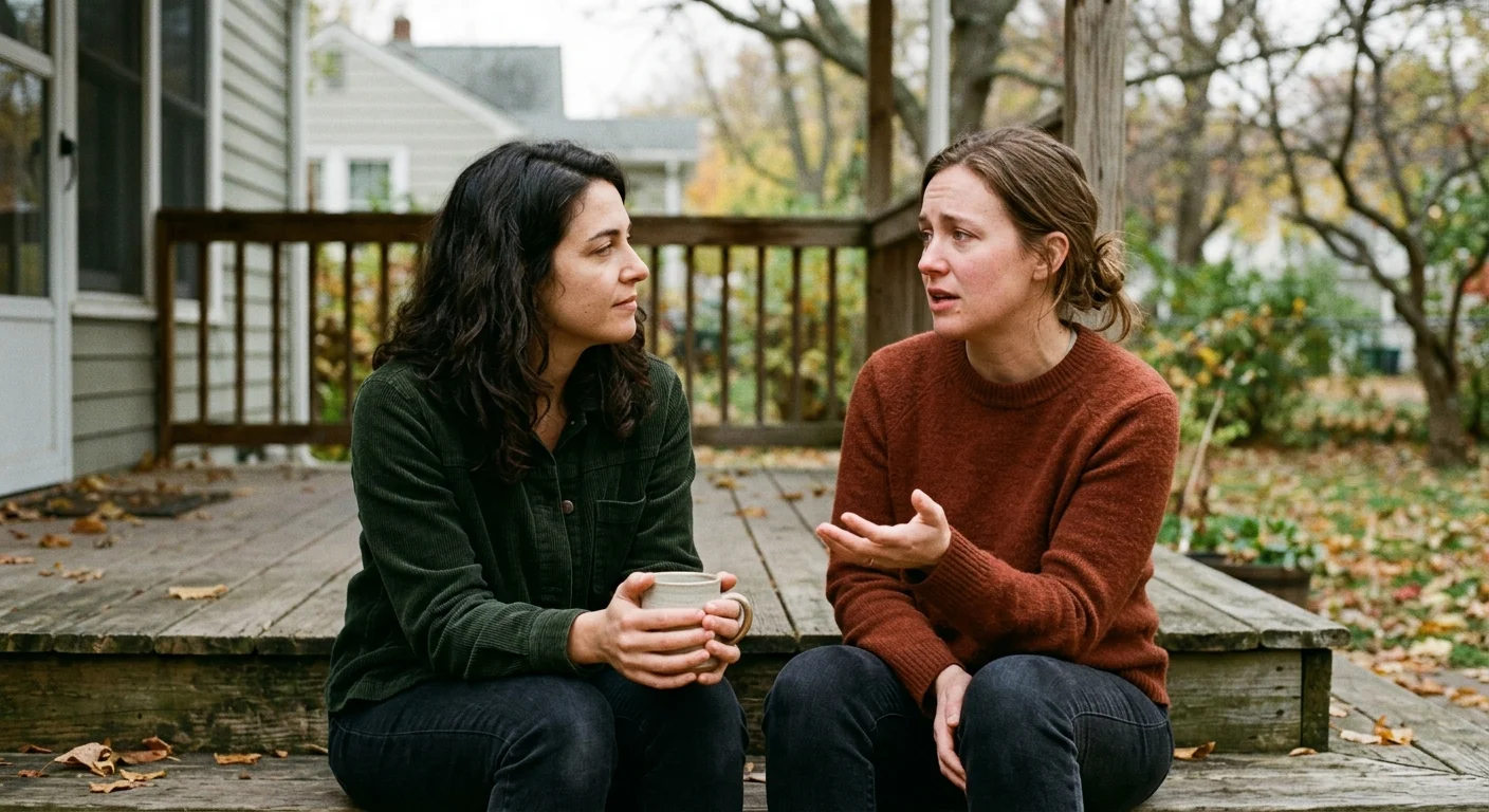 Two women sit on wooden porch steps covered in autumn leaves, engaged in a serious conversation while one holds a mug.