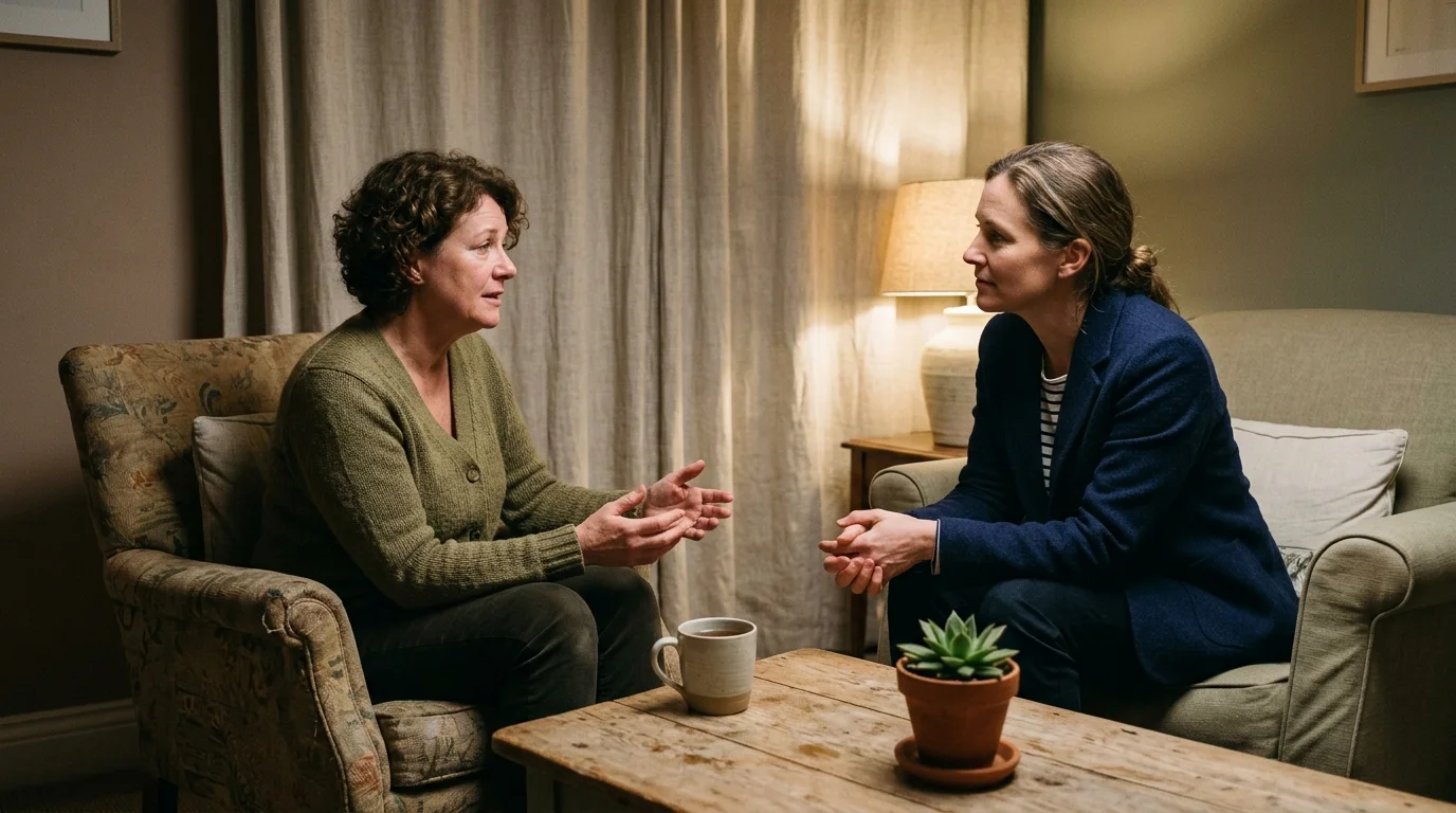 Two women sit facing each other in armchairs across a wooden coffee table during an earnest conversation.
