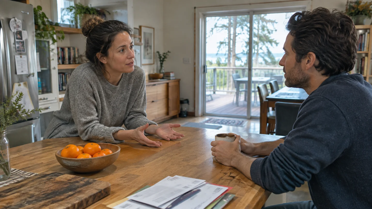 A woman gestures with open hands while speaking to a man holding a mug across a wooden kitchen table.