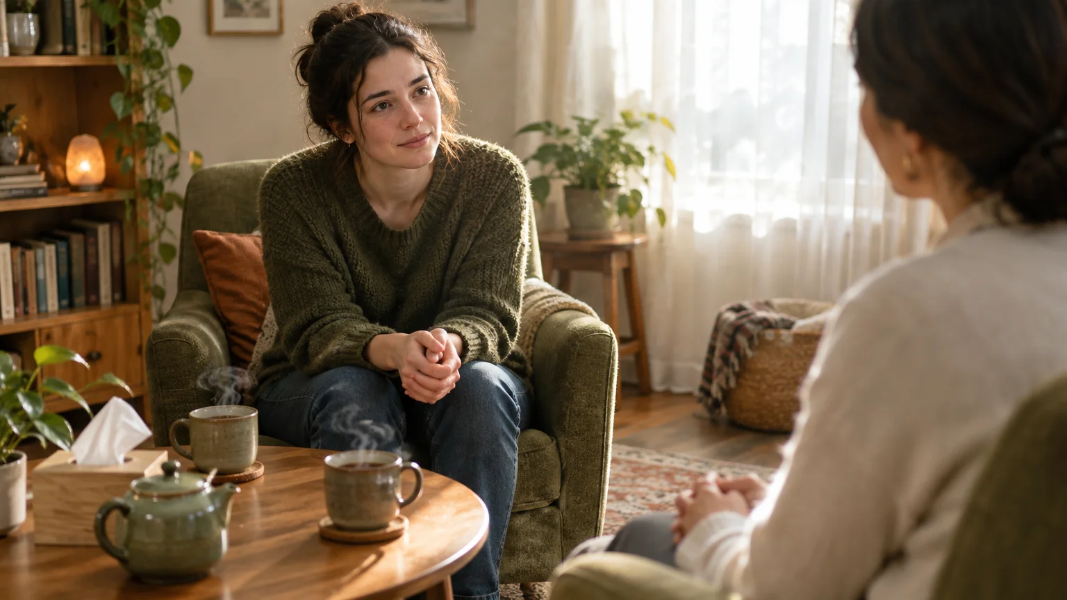 A woman sitting in an armchair listens attentively to another person during a conversation over tea in a cozy living room.