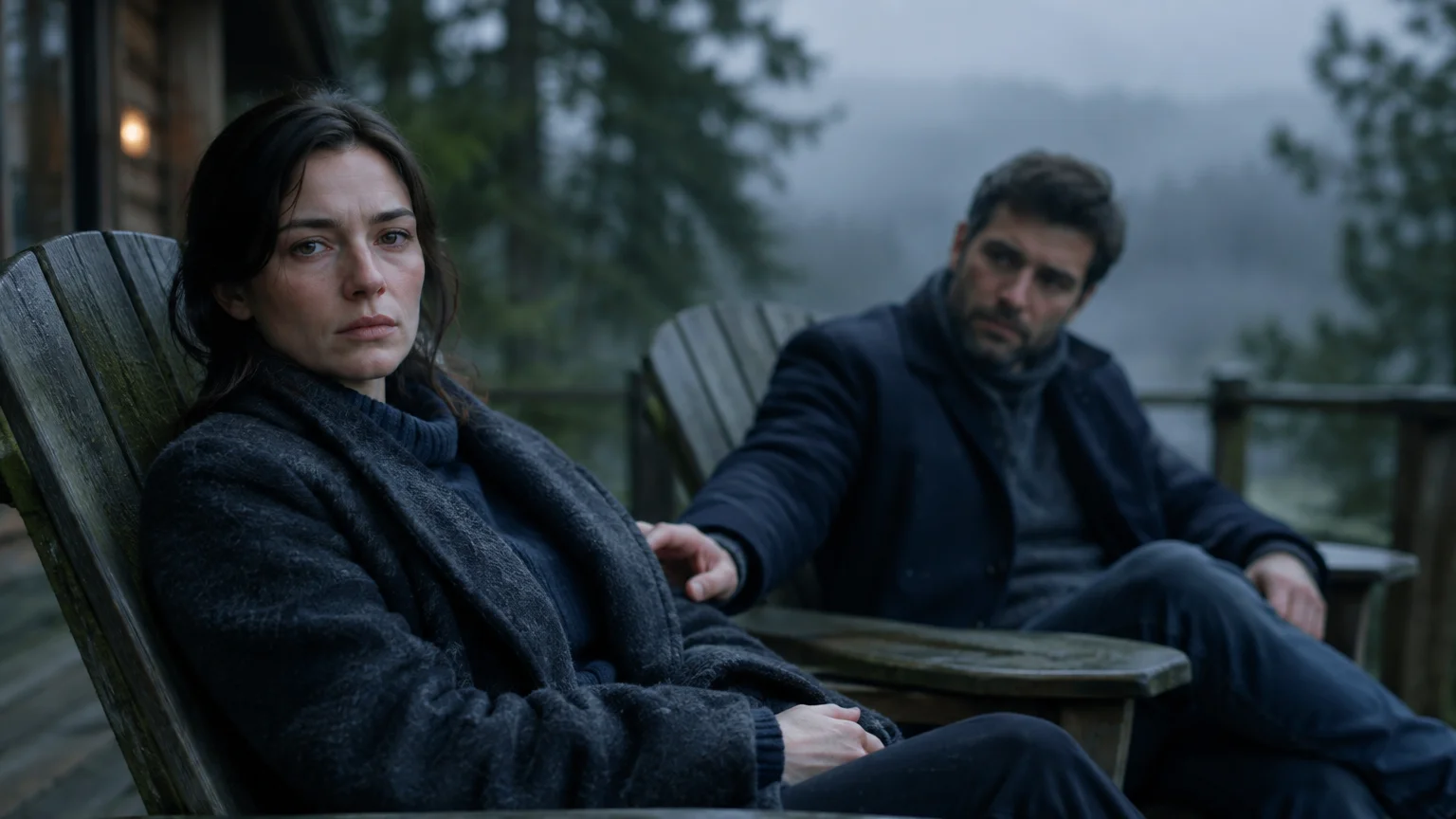 Woman staring ahead solemnly while a man reaches his hand toward her from an adjacent wooden chair on a misty deck.