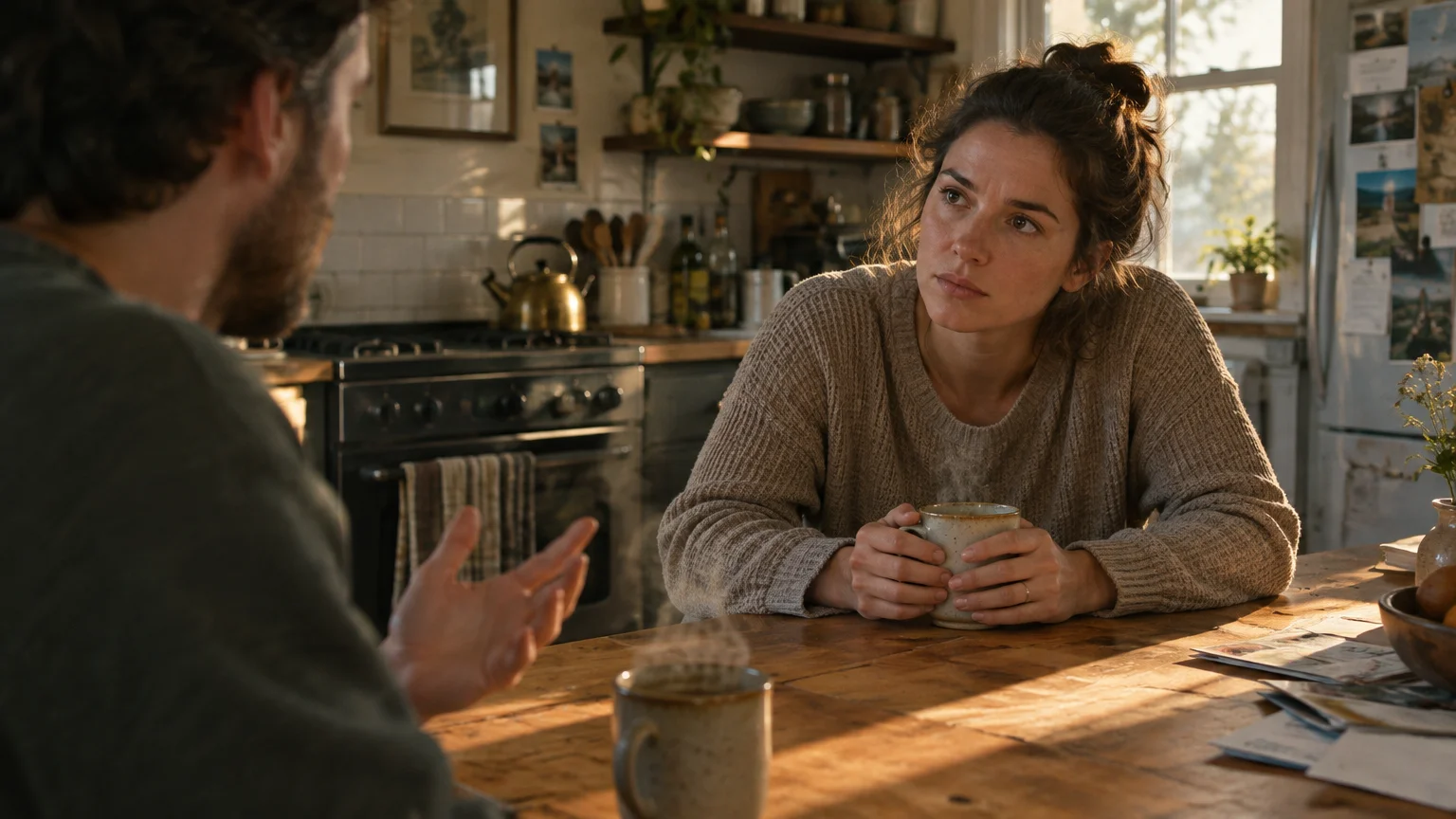 A woman holding a warm mug sits at a rustic kitchen table, listening intently to a man gesturing as he speaks.