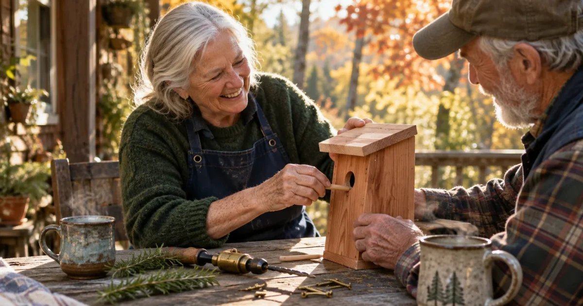 A senior man and woman smile while assembling a wooden birdhouse together on a rustic outdoor patio table.