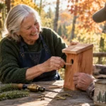 A senior man and woman smile while assembling a wooden birdhouse together on a rustic outdoor patio table.
