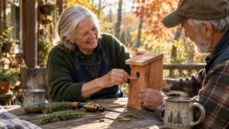 A senior man and woman smile while assembling a wooden birdhouse together on a rustic outdoor patio table.