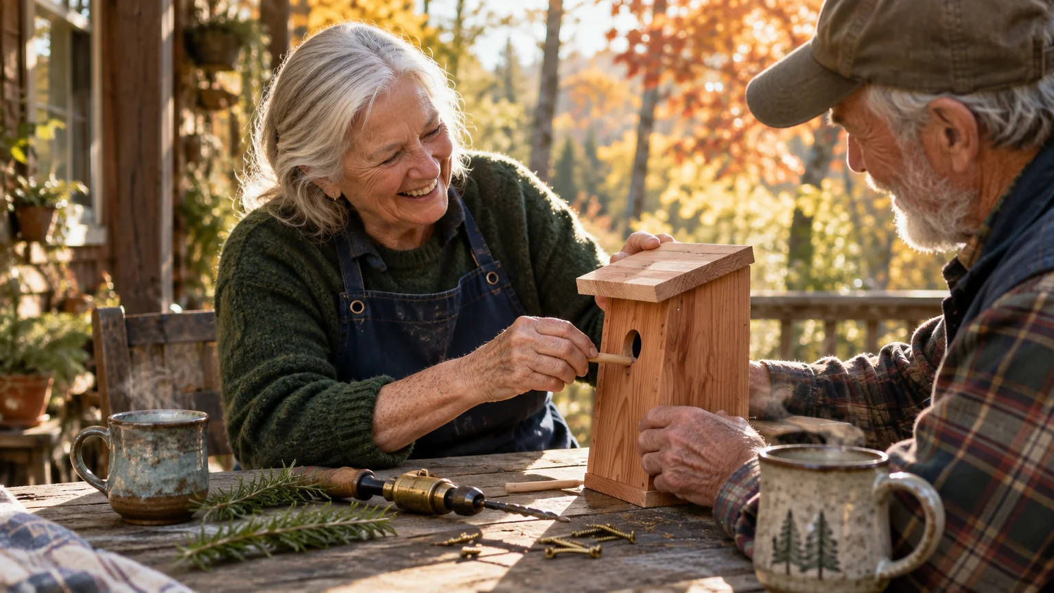 A senior man and woman smile while assembling a wooden birdhouse together on a rustic outdoor patio table.