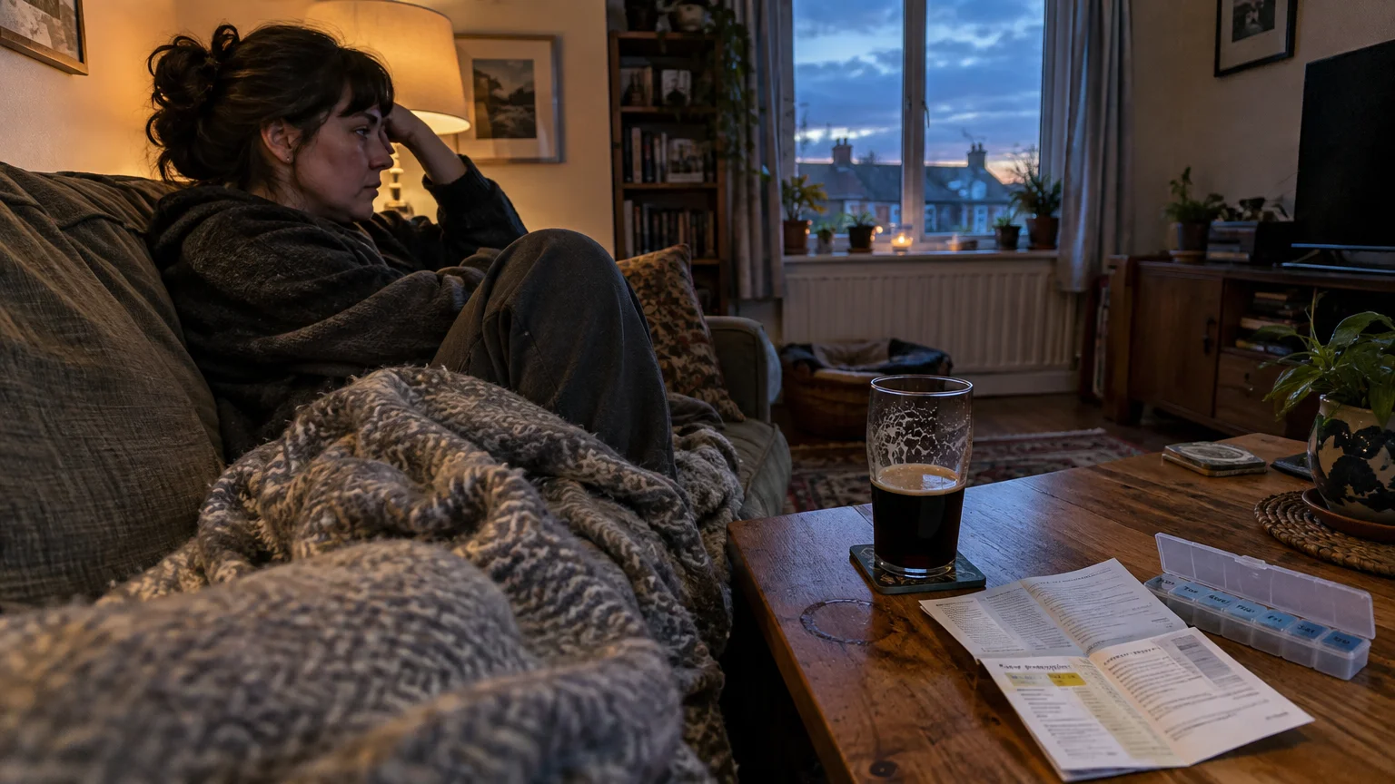 Woman sitting on a sofa near a coffee table holding a pint of dark beer, a pill organizer, and medication leaflets.