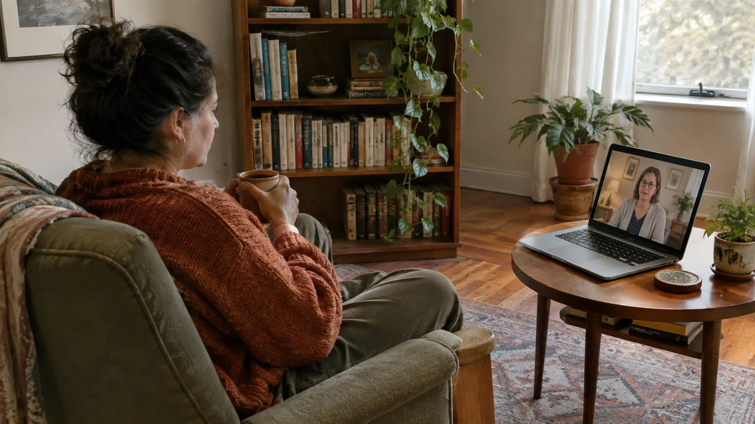 Woman sitting in an armchair with a mug, attending a video call therapy session on a laptop set on a coffee table.
