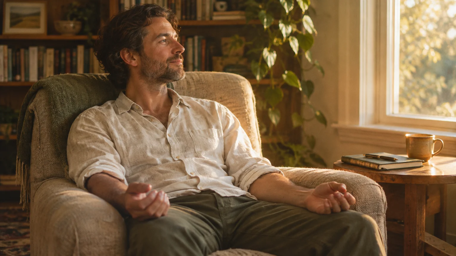A man sits relaxing in an armchair by a sunlit window with open hands beside a side table and bookshelf.