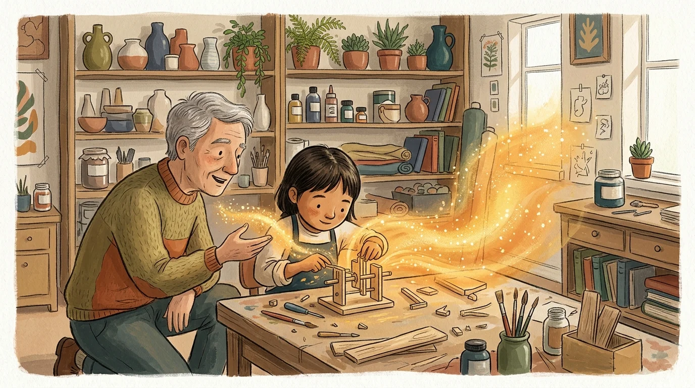 Illustration of an older man watching a young girl build a wooden craft as glowing golden light swirls around them.