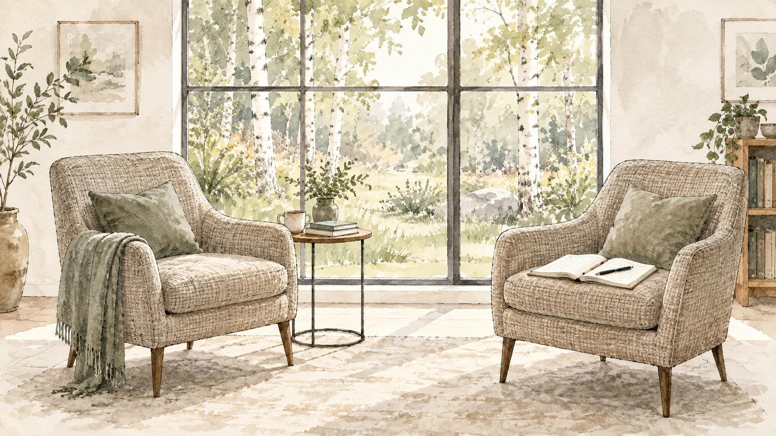 Watercolor illustration of two armchairs facing each other beside a large window overlooking birch trees.
