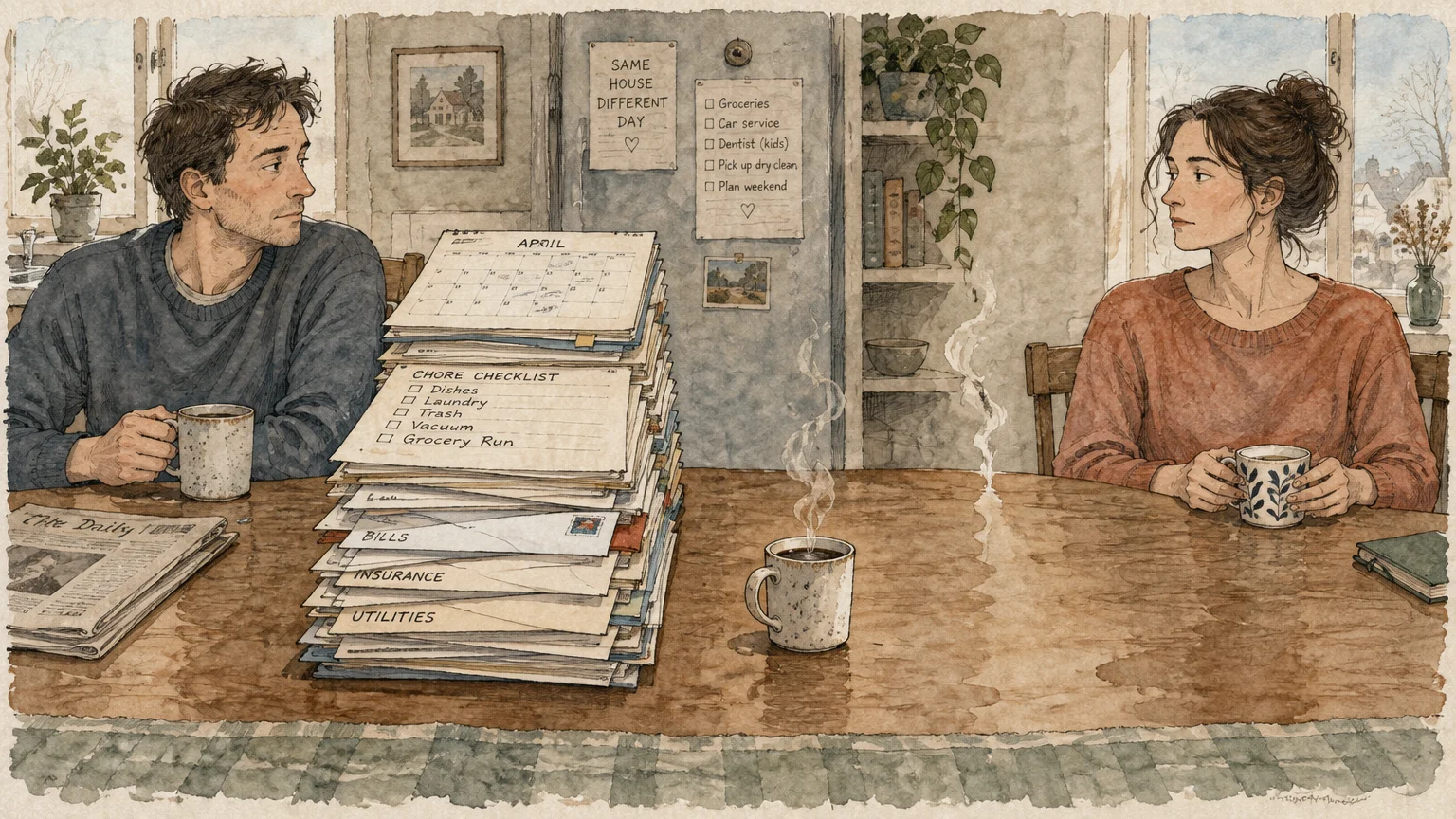 Watercolor of a man and woman sitting silently at a table separated by a tall stack of bills and chore lists.