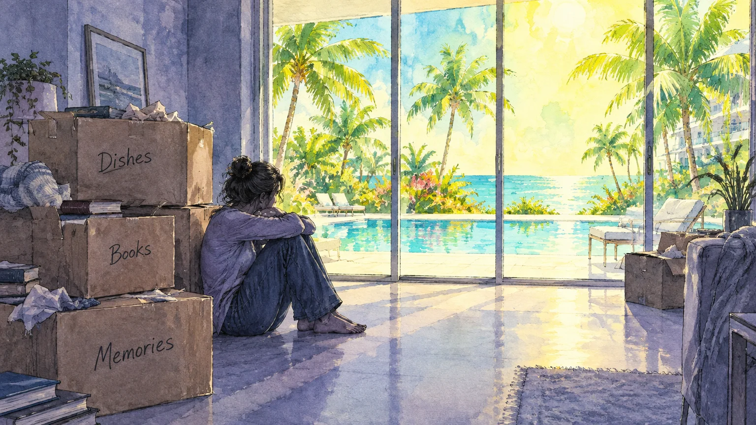 Illustration of a woman sitting on the floor beside cardboard moving boxes, looking out at a sunny pool and palm trees.