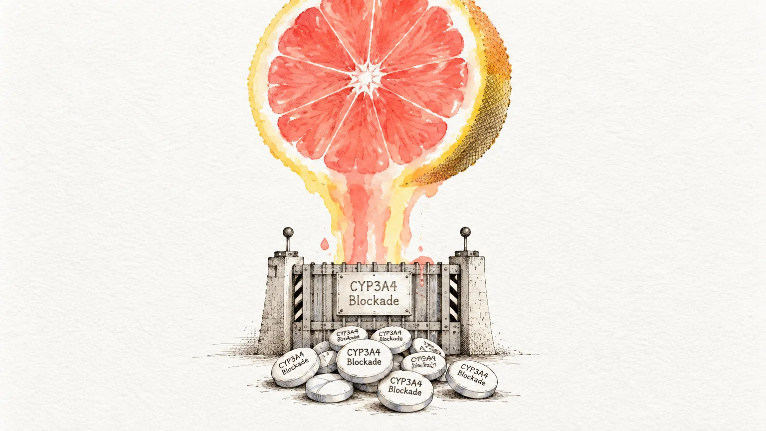 Illustration of grapefruit juice pouring into a barrier labeled CYP3A4 Blockade above a pile of white pills.