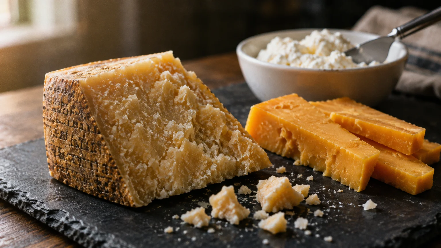 A wedge of hard parmesan, slices of aged cheddar, and a small bowl of soft white cheese on a slate board.