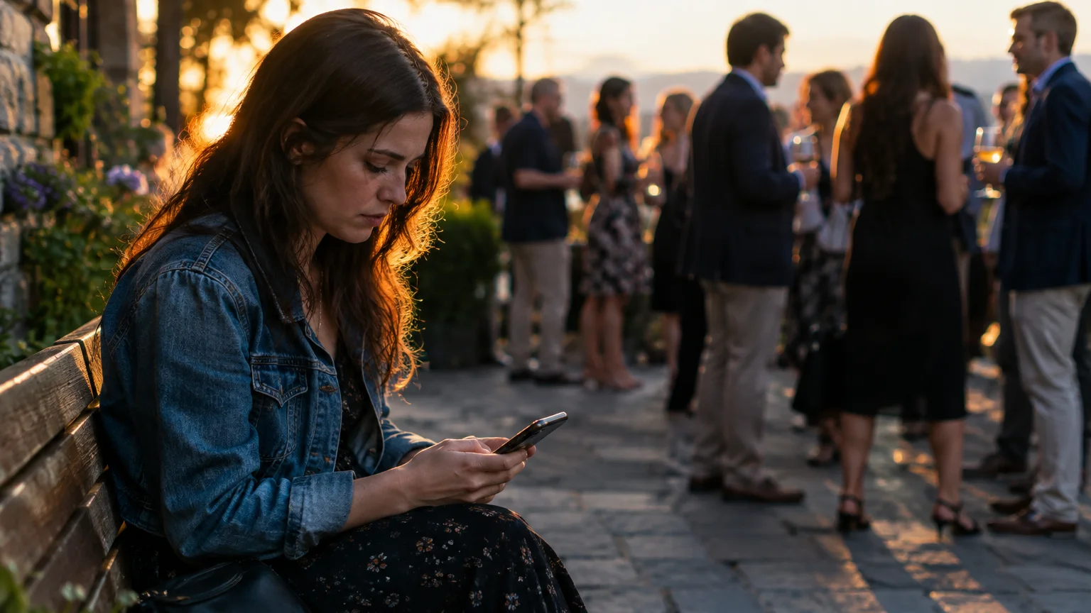 A woman sits alone on a bench looking down at her smartphone while a crowd of people mingles at an outdoor gathering.