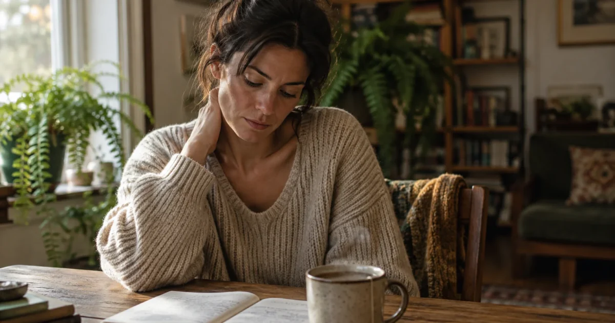 A woman rubs the back of her neck while looking down at an open book beside a steaming mug at a wooden table.