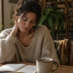 A woman rubs the back of her neck while looking down at an open book beside a steaming mug at a wooden table.