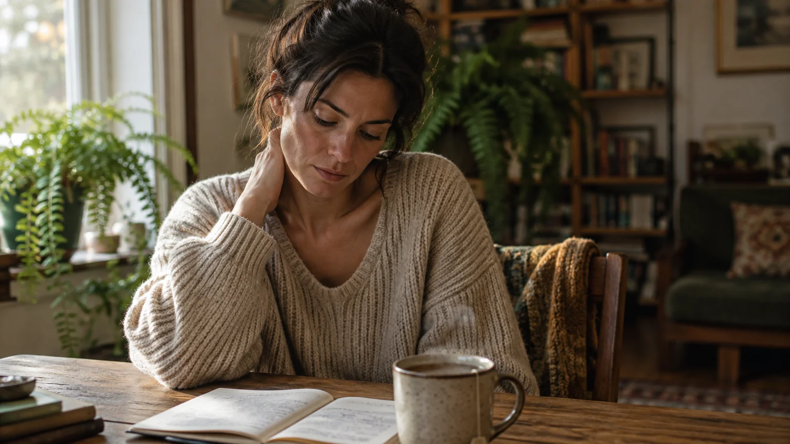 A woman rubs the back of her neck while looking down at an open book beside a steaming mug at a wooden table.