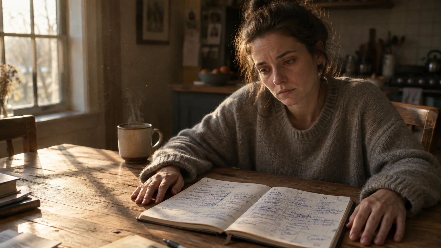 A tired woman sits at a wooden table looking down at a crowded handwritten planner next to a steaming mug.