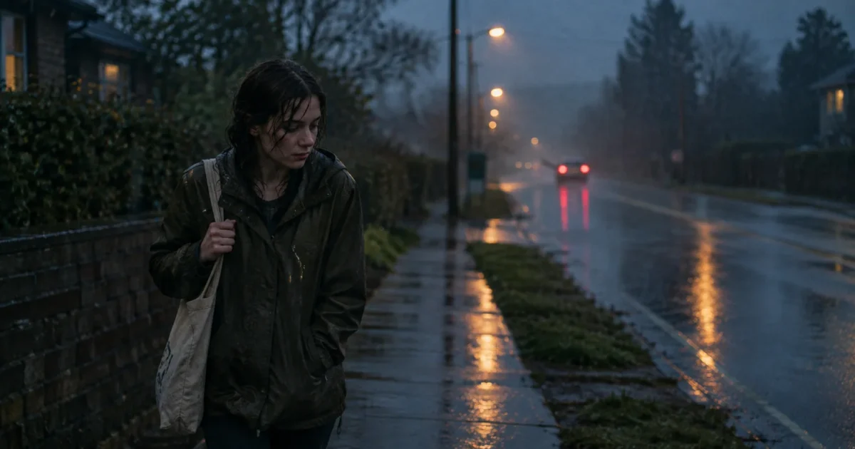 A woman with wet hair walks down a sidewalk in the pouring rain at dusk as car taillights glow in the street.