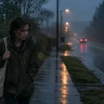 A woman with wet hair walks down a sidewalk in the pouring rain at dusk as car taillights glow in the street.