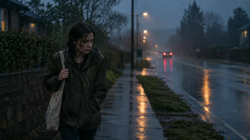 A woman with wet hair walks down a sidewalk in the pouring rain at dusk as car taillights glow in the street.