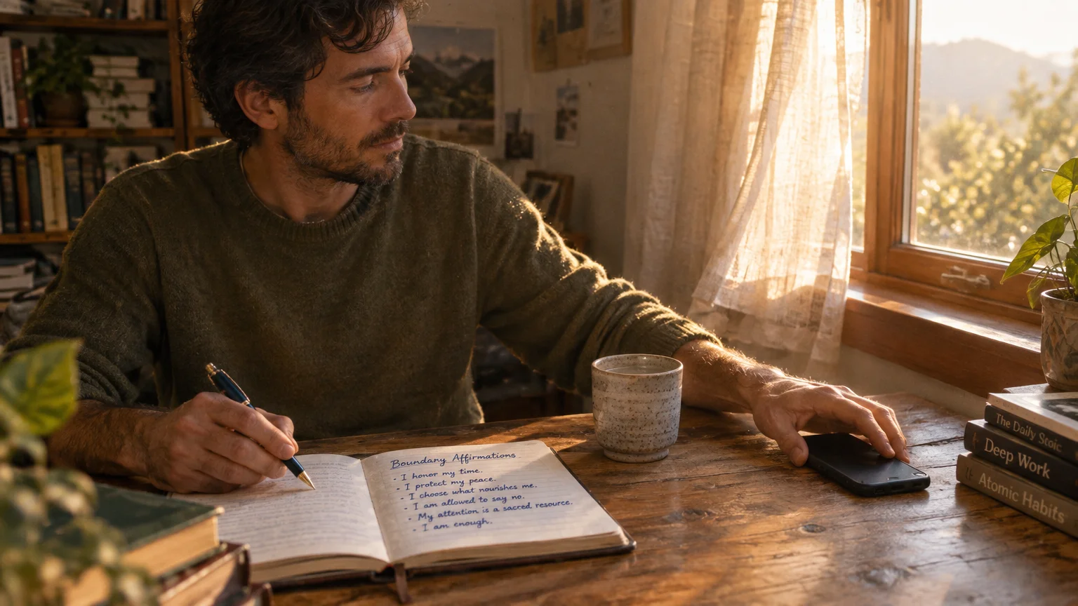 A man sitting at a wooden desk by a window, writing boundary affirmations in an open journal beside his phone.