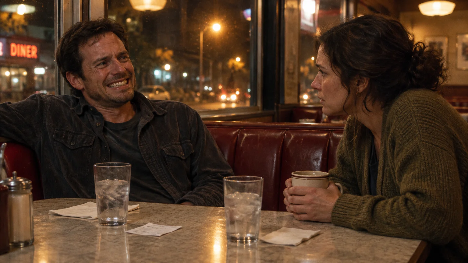 A man smiling tensely and a serious woman holding a mug sit across from each other in a diner booth at night.