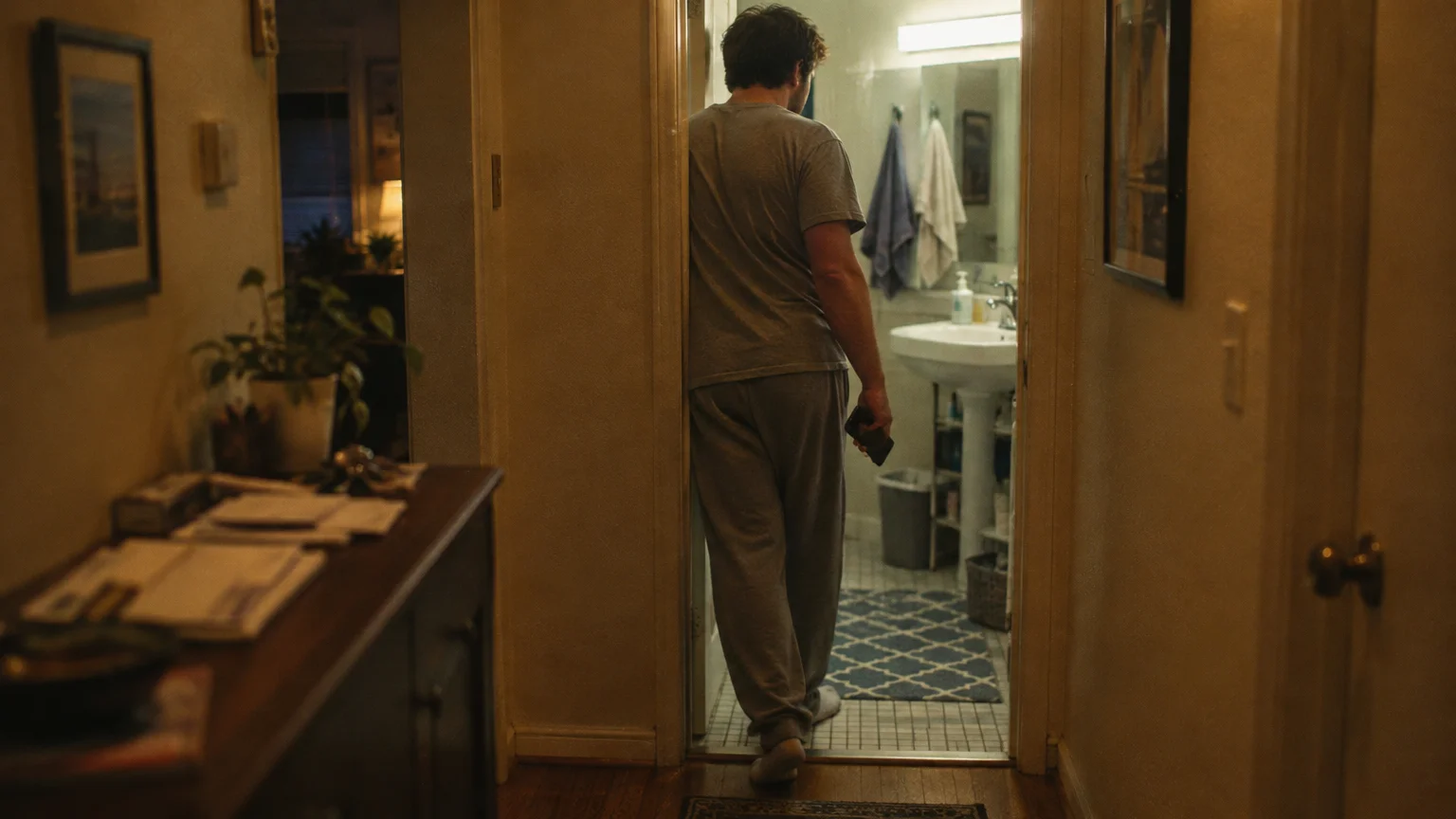 Man in pajamas seen from behind carrying a smartphone in his hand as he walks into a bathroom.