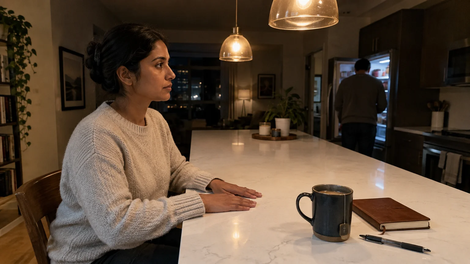 A woman sits at a kitchen island looking contemplative while a man stands in the background opening a refrigerator.