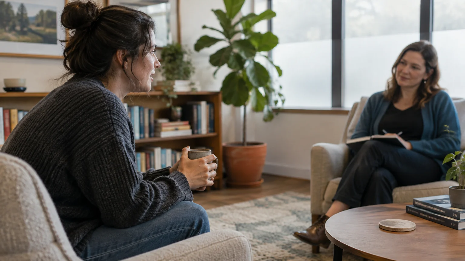 A woman sitting in an armchair holding a mug talks to a therapist taking notes in an office setting.