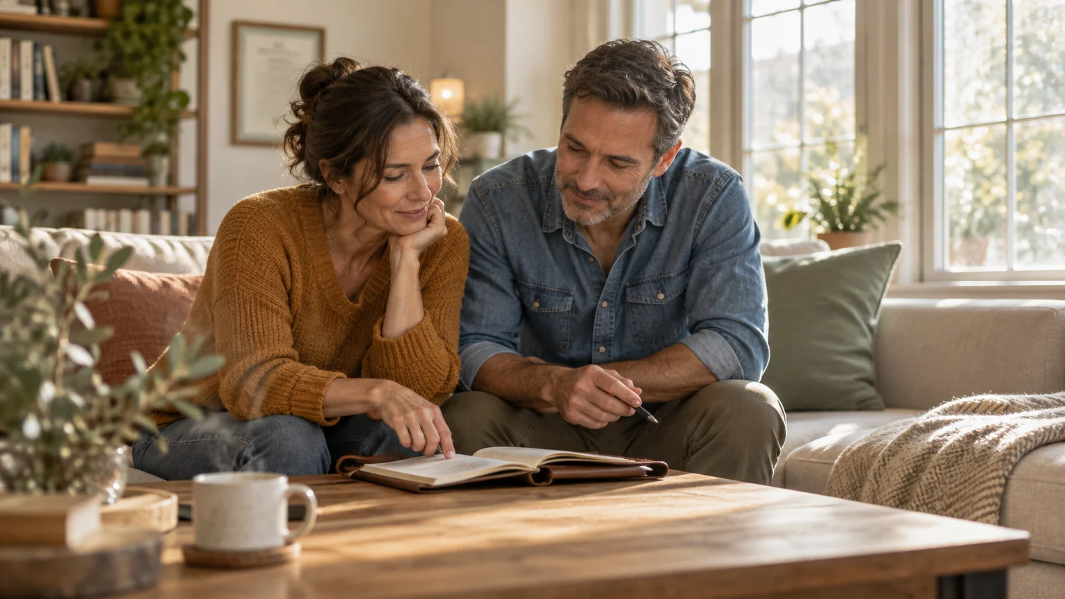 A couple sits together on a living room couch, smiling as they look at an open journal on the coffee table.