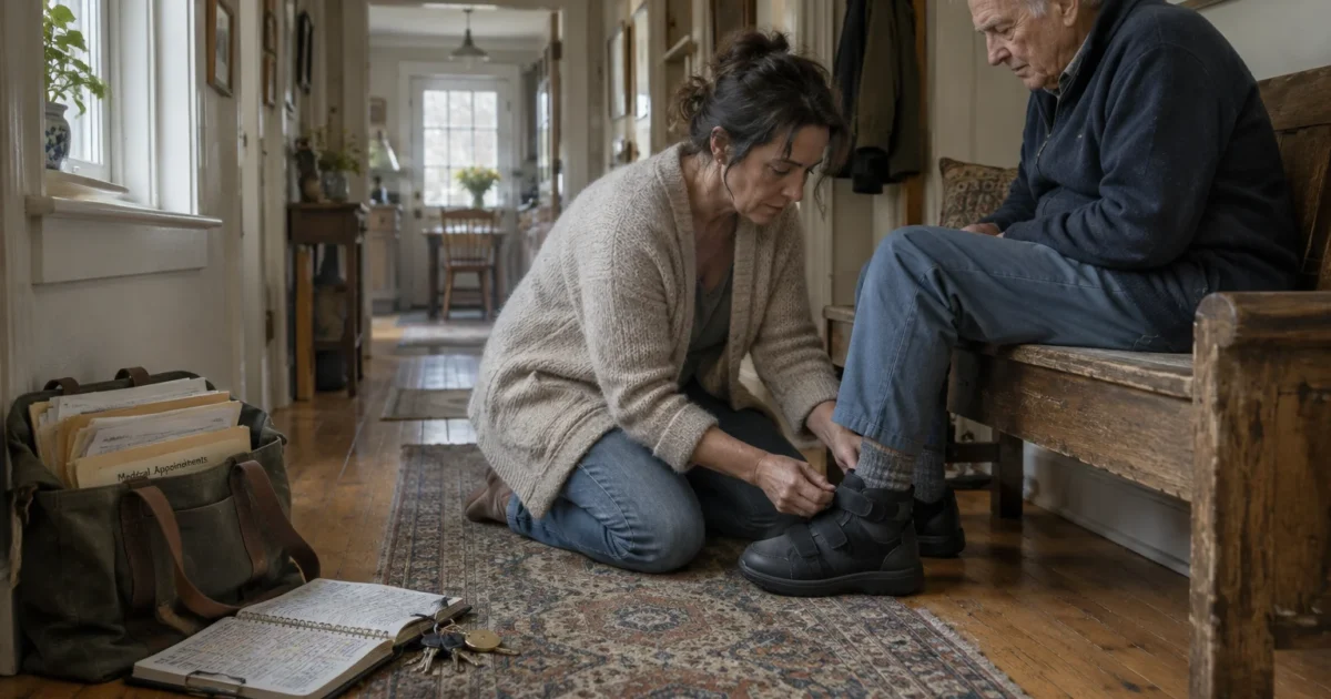 A woman kneels in a hallway fastening an elderly man's shoe near an open notebook and medical files.