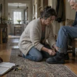 A woman kneels in a hallway fastening an elderly man's shoe near an open notebook and medical files.