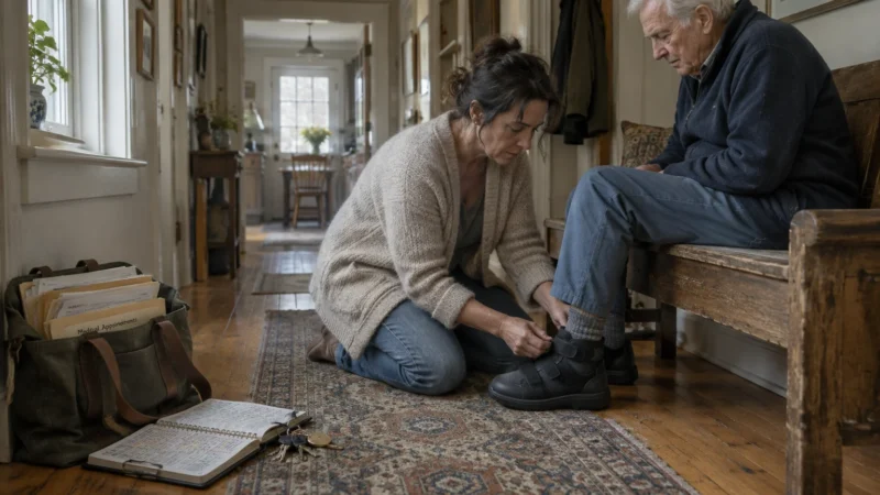 A woman kneels in a hallway fastening an elderly man's shoe near an open notebook and medical files.