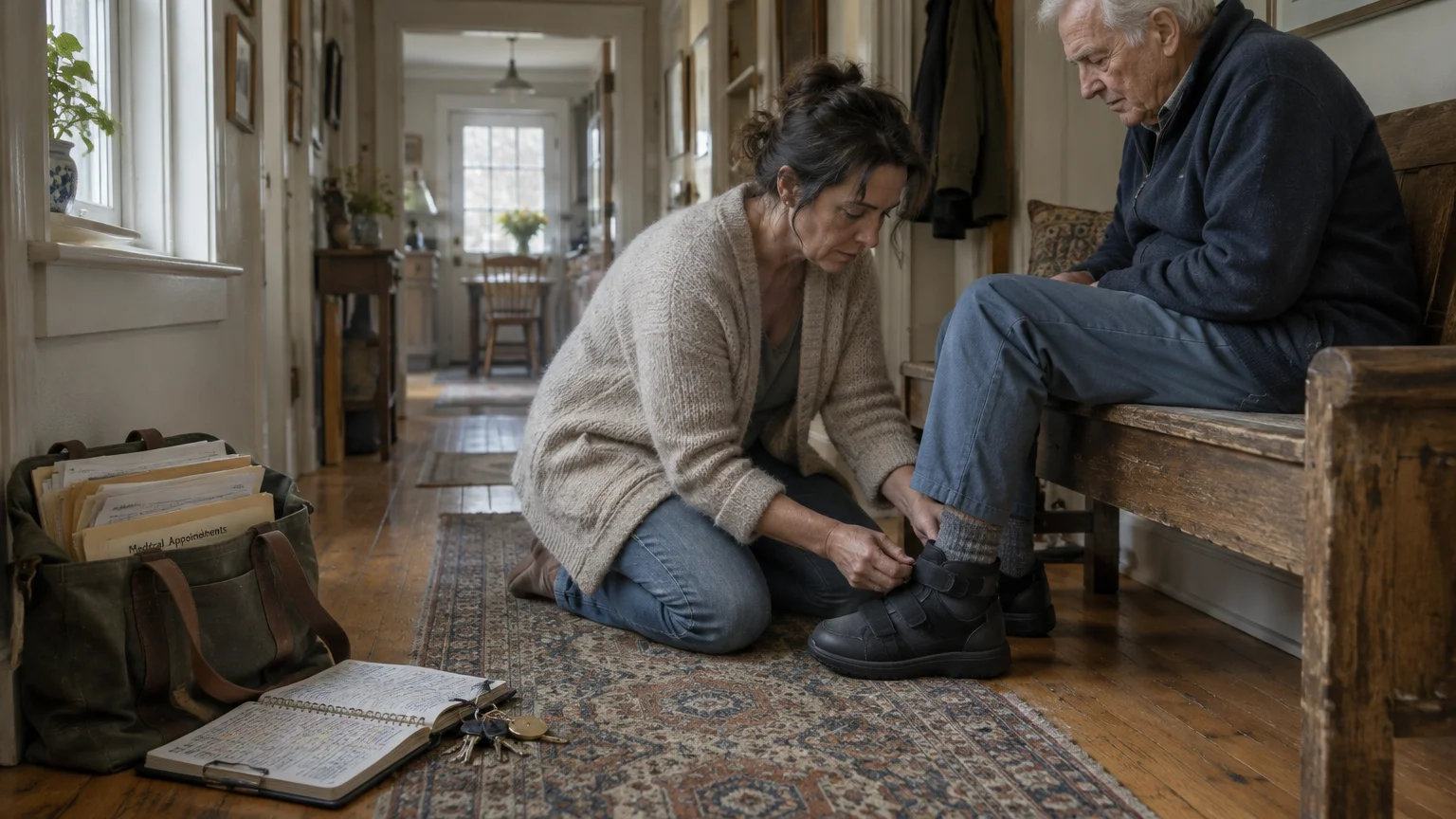 A woman kneels in a hallway fastening an elderly man's shoe near an open notebook and medical files.