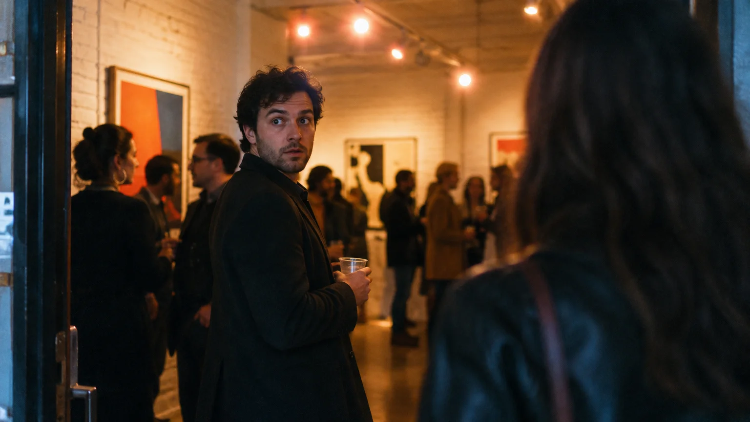 A man at a crowded indoor gallery event turns around with a startled expression toward a woman entering the room.
