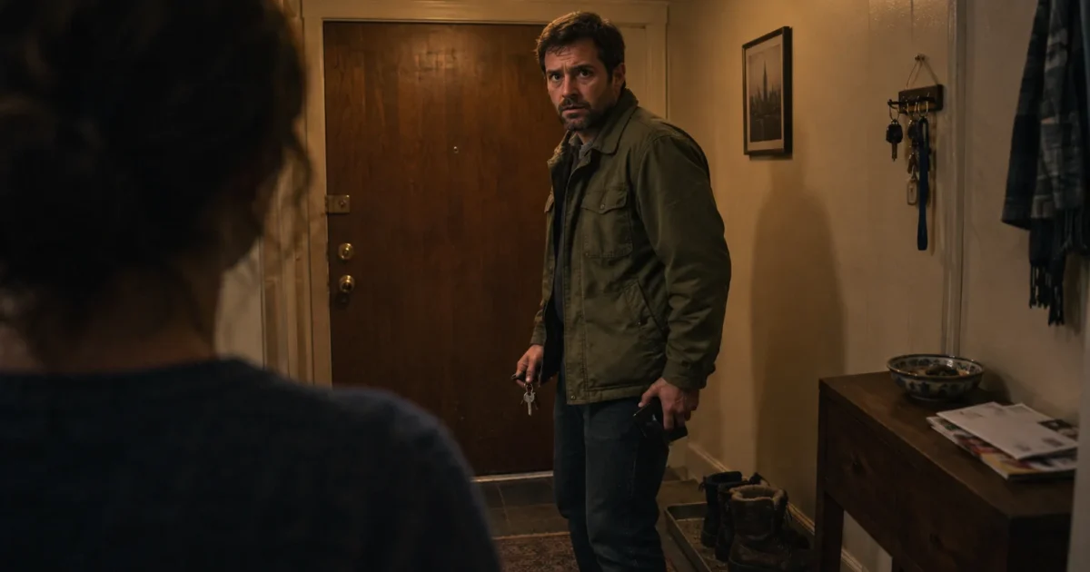 A man holding keys looks startled as he enters an apartment hallway, facing a woman seen from behind.