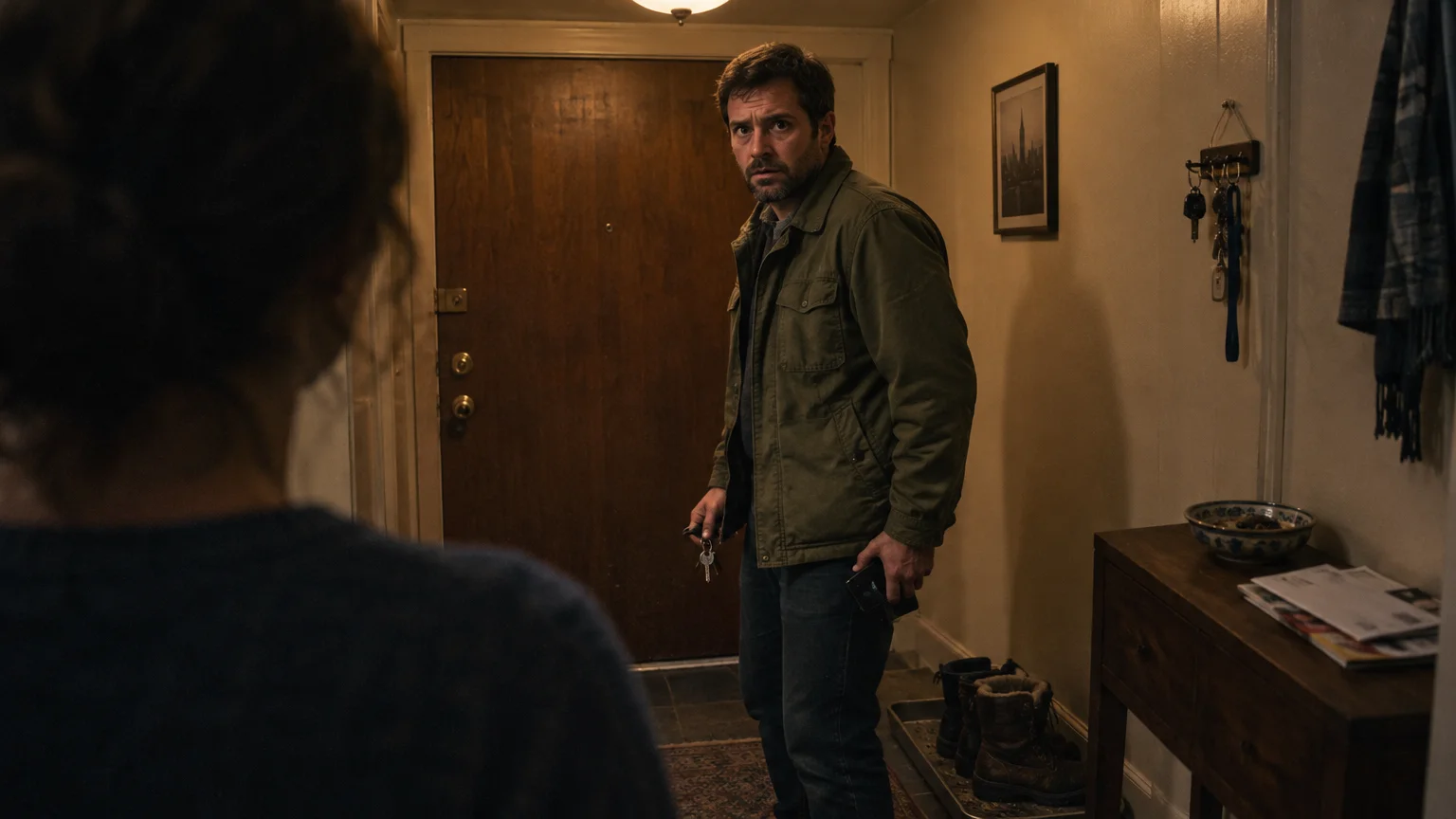A man holding keys looks startled as he enters an apartment hallway, facing a woman seen from behind.