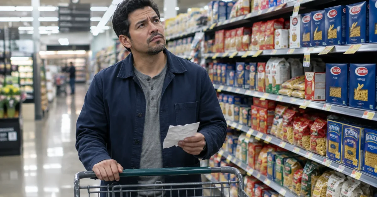 Man holding a shopping list looks up thoughtfully beside grocery store shelves filled with pasta boxes.