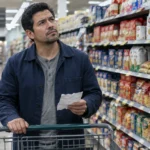 Man holding a shopping list looks up thoughtfully beside grocery store shelves filled with pasta boxes.