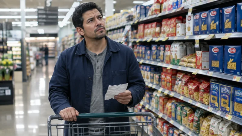 Man holding a shopping list looks up thoughtfully beside grocery store shelves filled with pasta boxes.