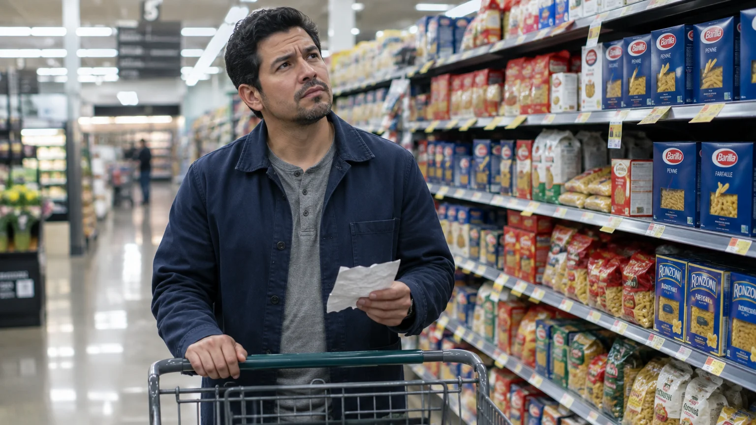 Man holding a shopping list looks up thoughtfully beside grocery store shelves filled with pasta boxes.