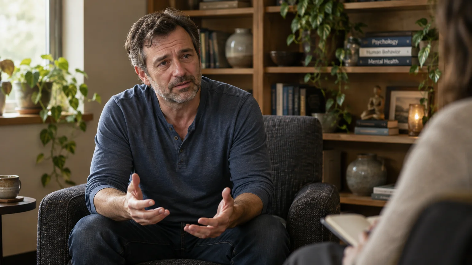 A middle-aged man gestures with open hands while speaking to a therapist holding a notebook in an office.