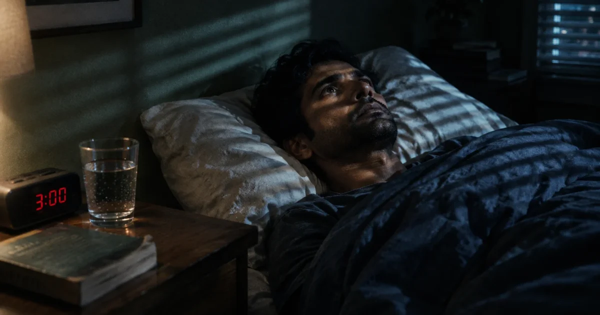 A man lies awake in bed in a dark room, staring upward beside a digital clock showing 3:00.