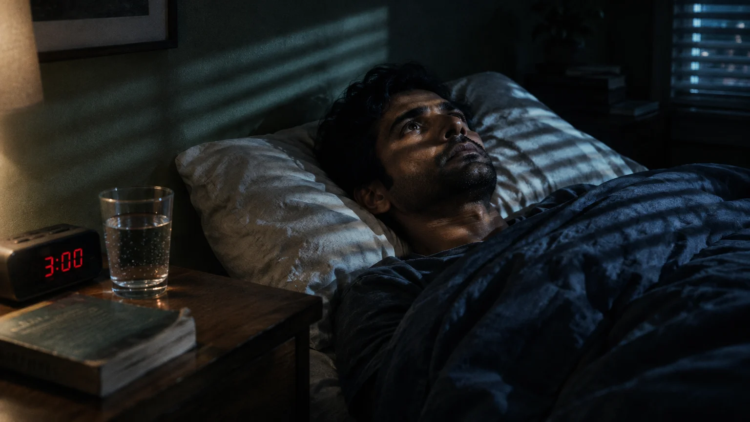 A man lies awake in bed in a dark room, staring upward beside a digital clock showing 3:00.