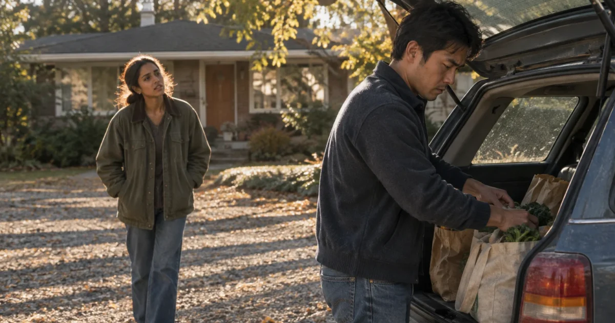 A man unloads groceries from an open car trunk while a woman watches him in a gravel driveway outside a house.